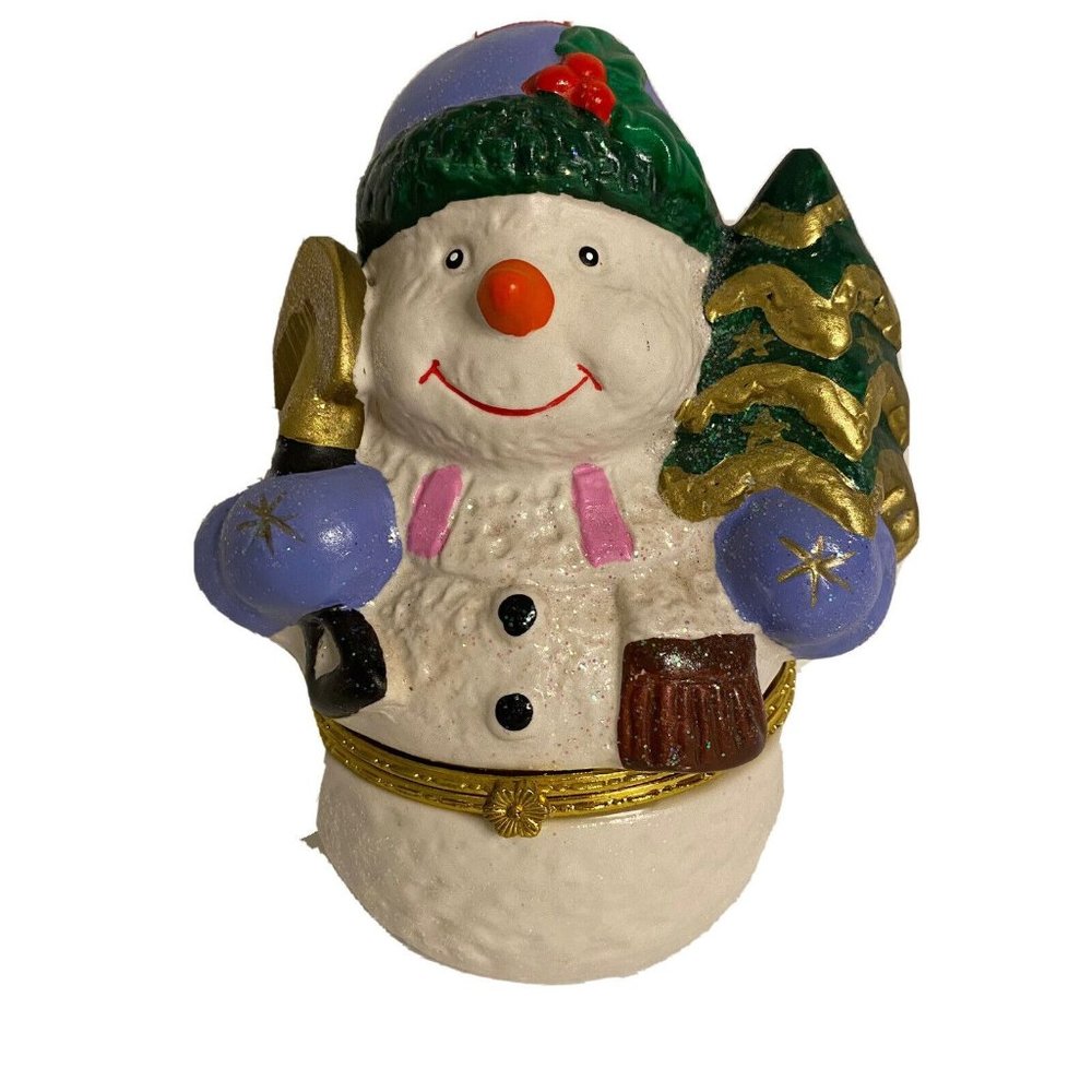 Snowman Frosty ceramic trinket candy‎ box catchall Christmas tree 5"